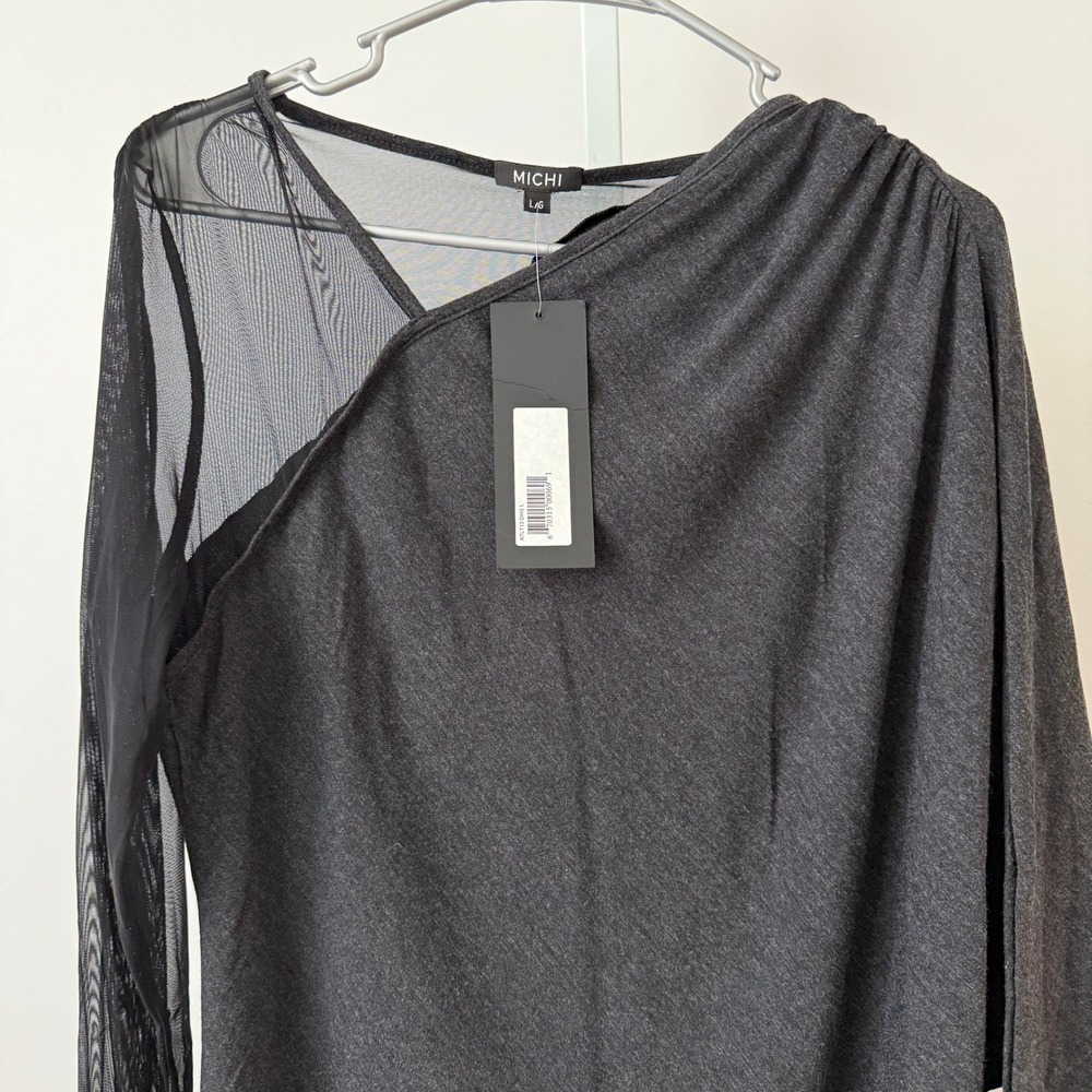 Michi sz L Gray Mesh Asymmetrical Drape Long Sleeve Top NWT Lagenlook Witchy - Picture 2 of 7